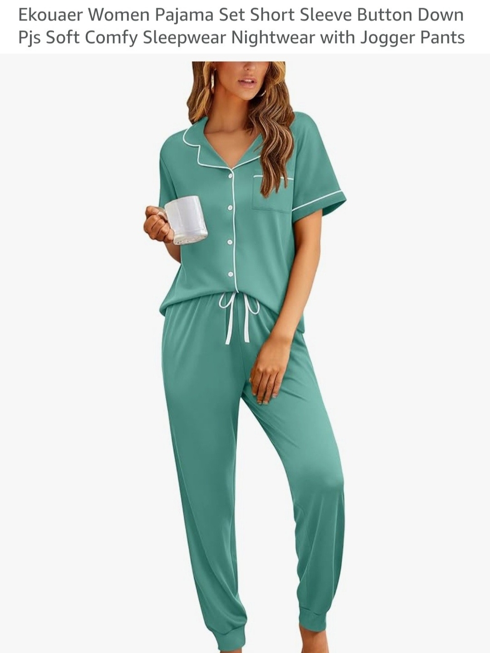 Ekouaer Teal Short-Sleeve Button-Down Pajama Set with White Trim